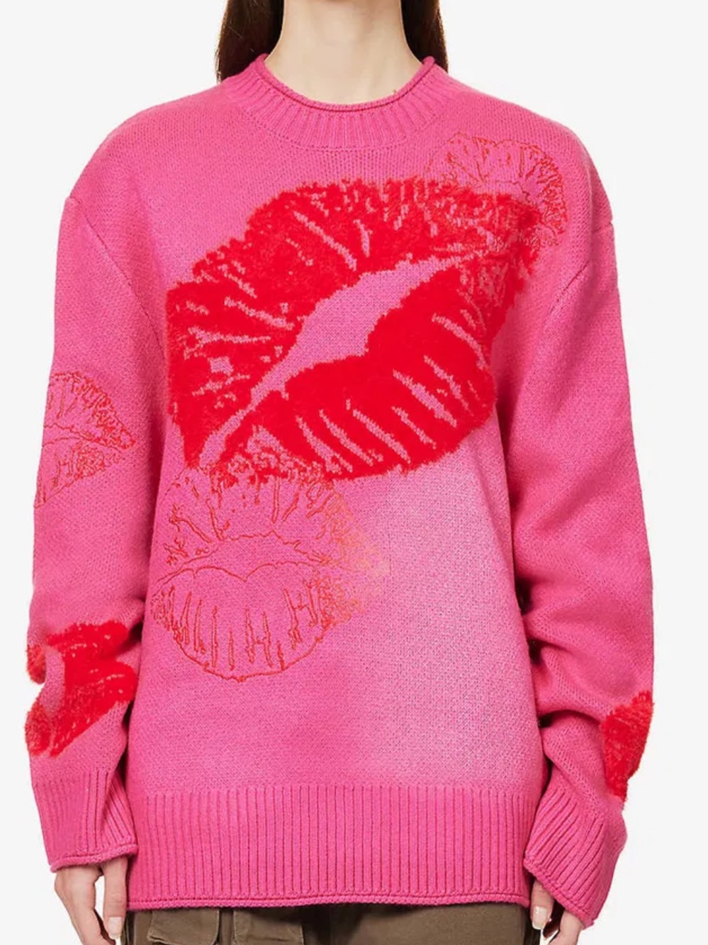 House of Sunny Love Notes Oversized Knit Sweater XL Pink Red Lips Jumper